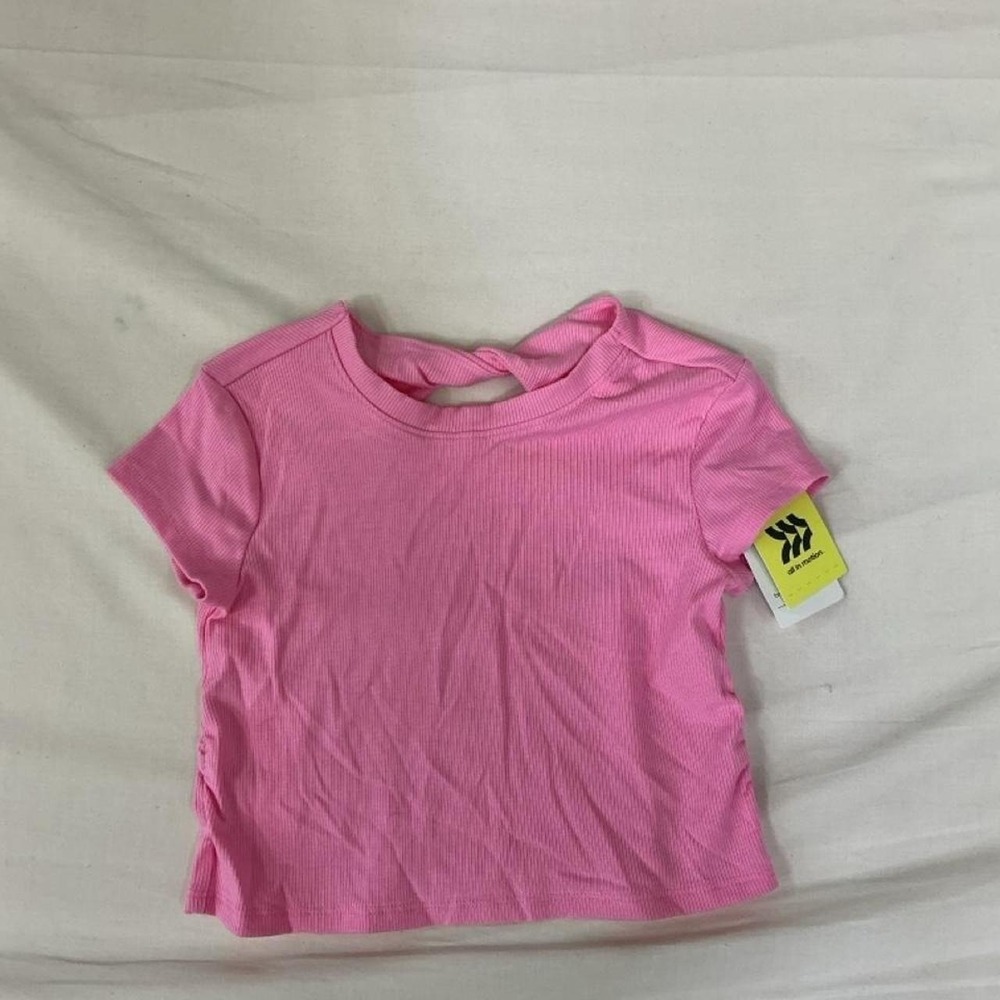 New with tags All in Motion girls' pink ribbed twist-back tee.